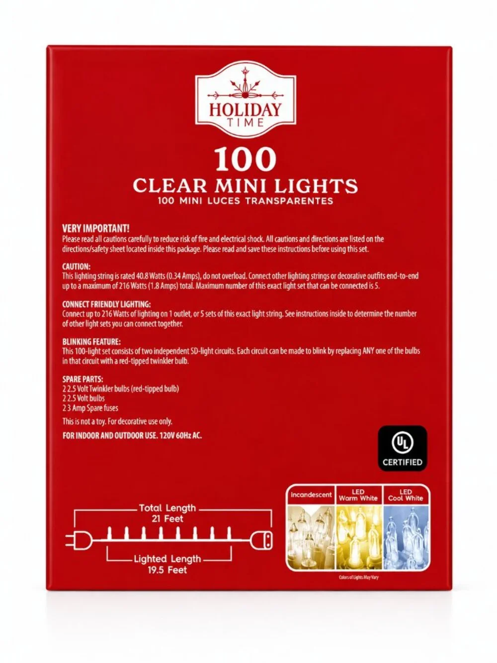Holiday Time 100 Clear Mini Christmas Lights Indoor Outdoor Green Wire 19.5ft